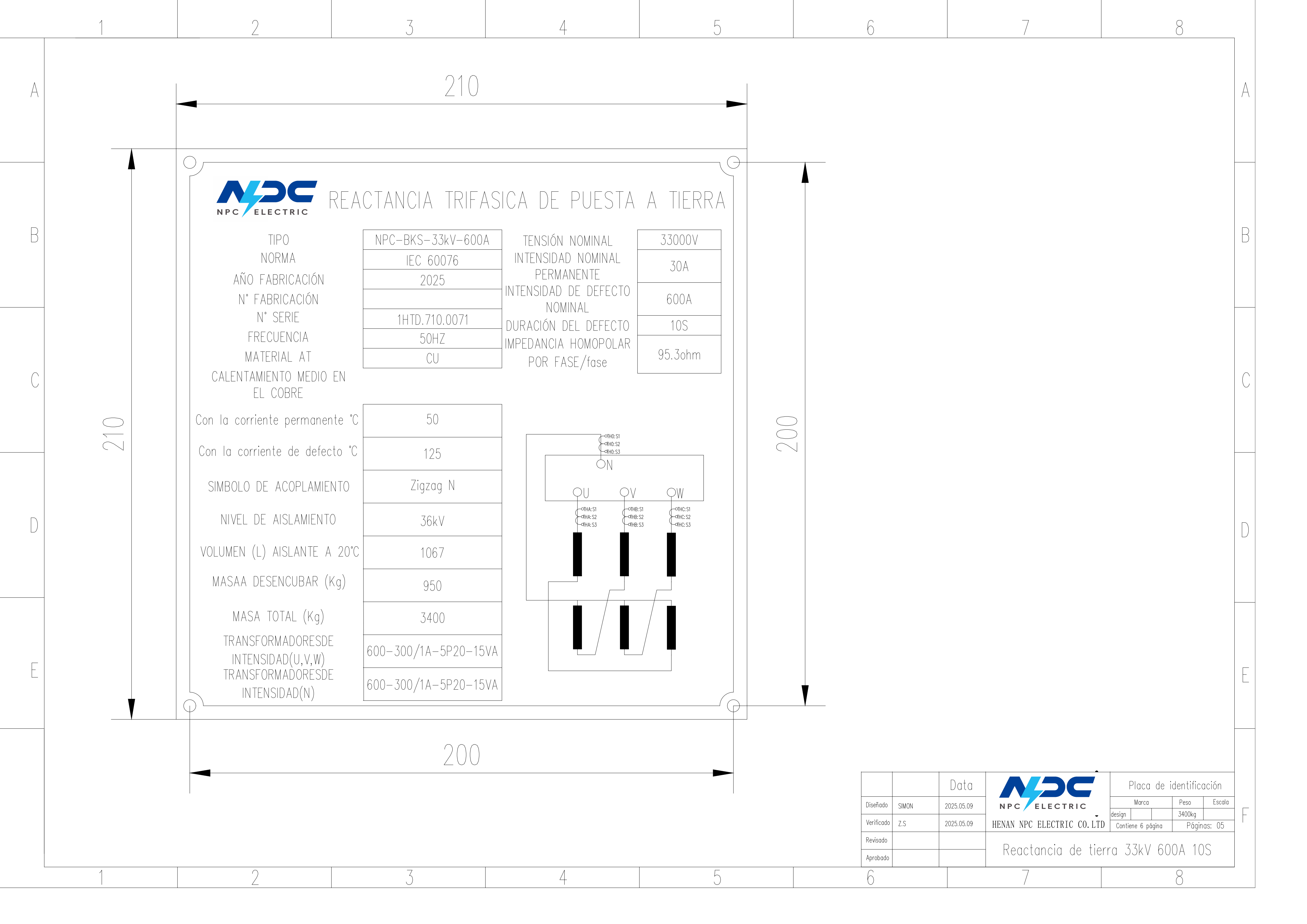 Neutral Grounding Transformer Nameplate